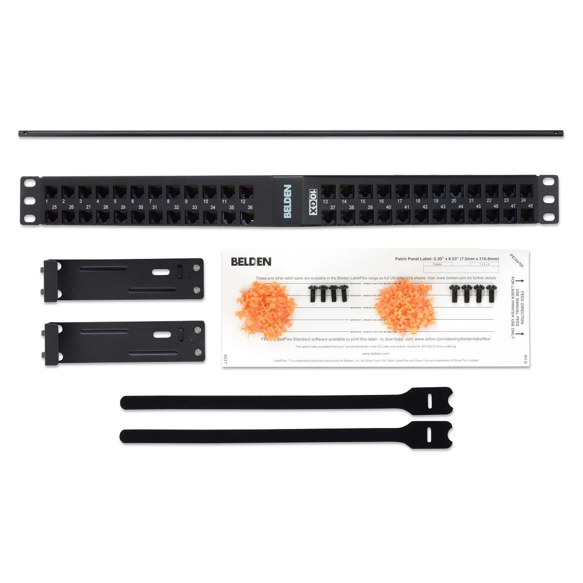 Belden AX105365 | Angled Patch Panel, Steel, 48-Port, 1U Rack, Angled Front Connection, Black, 44.4 H x 482.6 W x 258.8 mm D