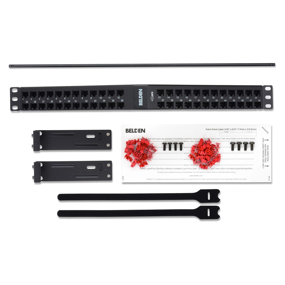 Belden AX105362 | Angled Patch Panel, Steel, Cat 6+, 48-Port, 1U Rack, Angled Front Connection, Black, 44.4 H x 482.6 W x 258.8 mm D