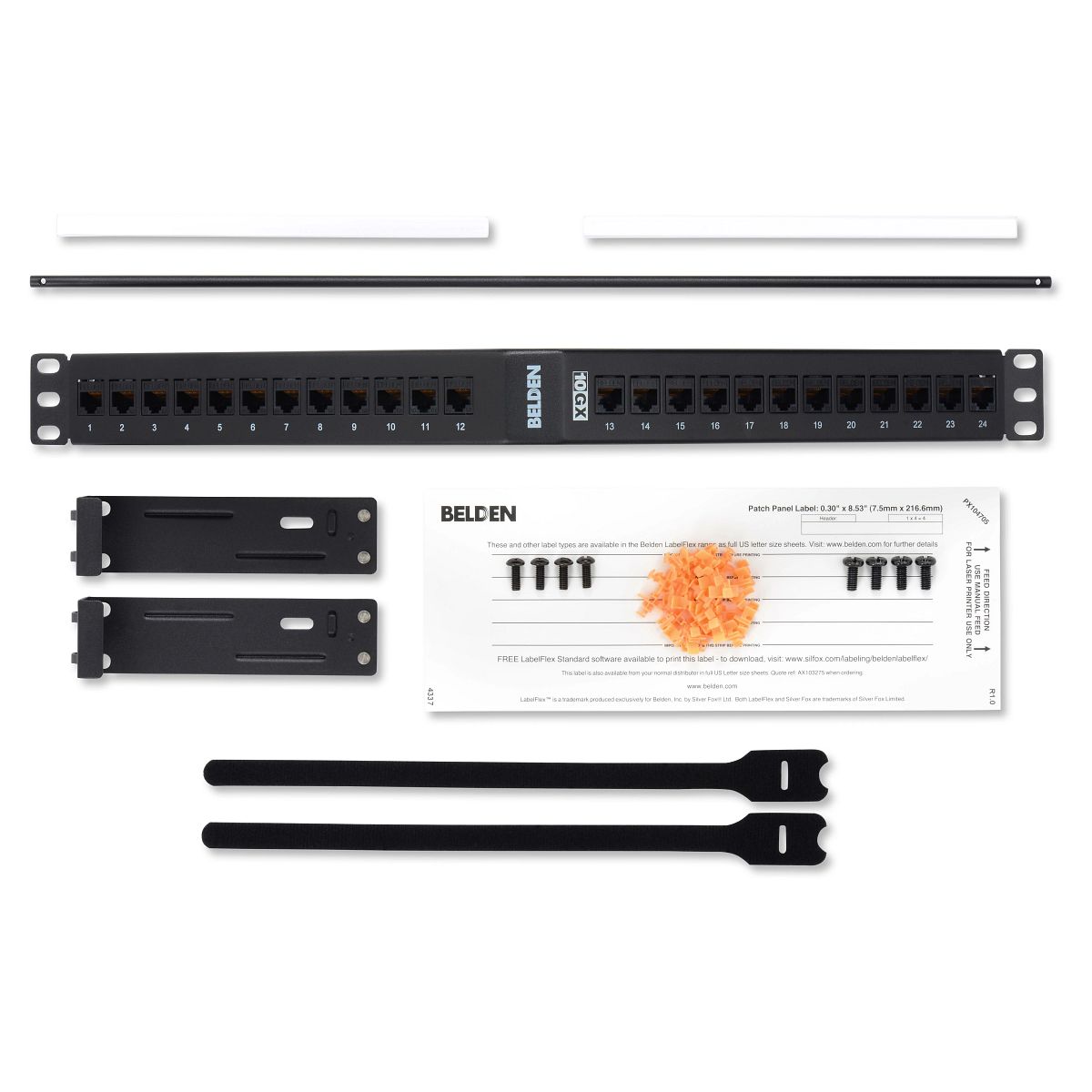 Belden AX105363 | Angled Patch Panel, Steel, 24-Port, 1U Rack, Angled Front Connection, Black, 44.4 H x 482.6 W x 265.17 mm D