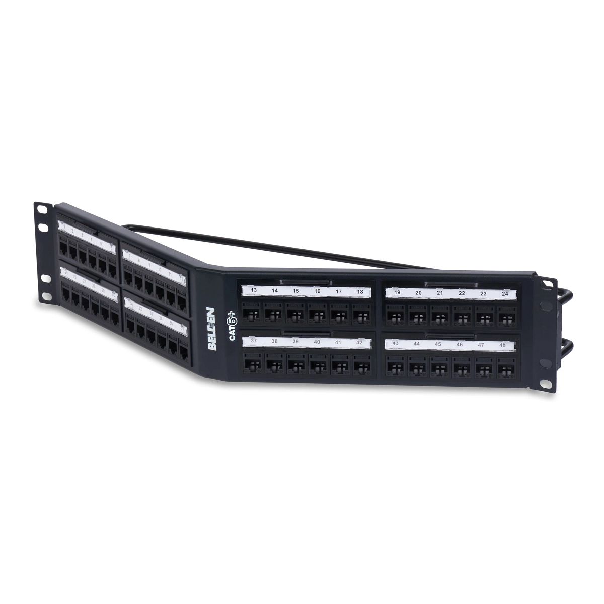 Belden RV6PPA2U48BK | Angled Patch Panel, Cat 6+, 48-Port, 2U Rack, T568B Wiring Configuration, Black, 3.47 H x 19 W x 5.83 in. D