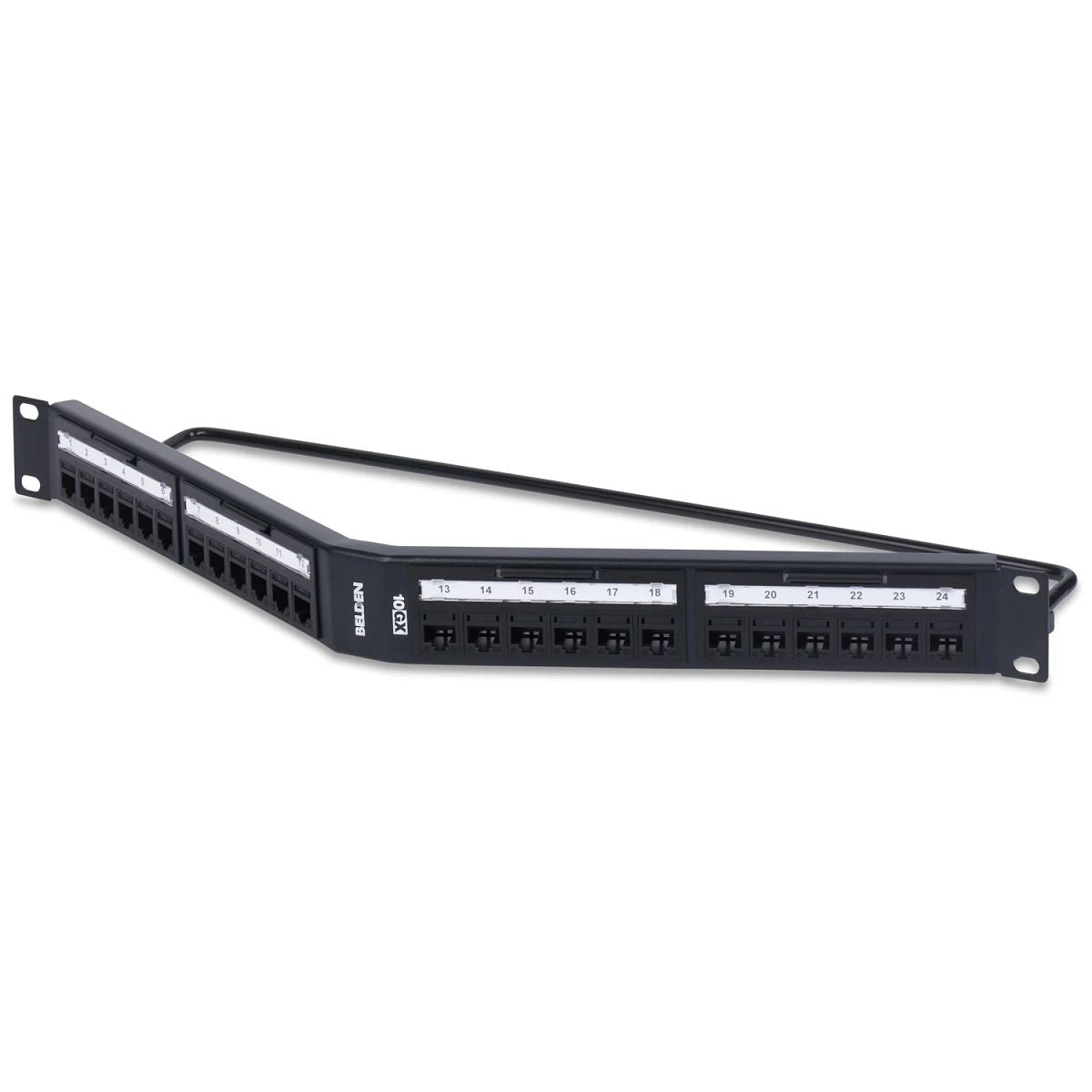 Belden RVAPPA1U24BK | Angled Patch Panel, Cat 6A, 24-Port, 1U Rack, T568B Wiring Configuration, Black, 1.73 H x 19 W x 5.83 in. D