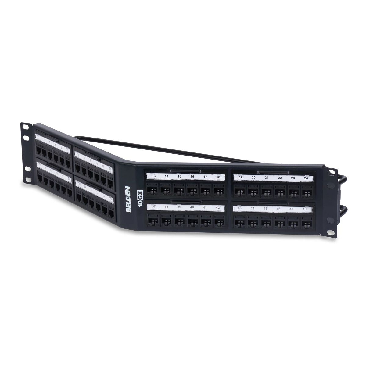 Belden RVAPPA2U48BK | Angled Patch Panel, Cat 6A, 48-Port, 2U Rack, T568B Wiring Configuration, Black, 3.47 H x 19 W x 5.83 in. D