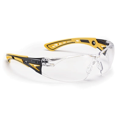 Bolle 40243 | Rush+ Safety Glasses, Black/Yellow Frame, Clear Anti-Scratch/Anti-Fog Lens
