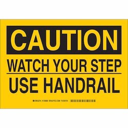 Brady Corporation 129083 | Caution Watch Your Step Use Handrail Sign, 10" H X 14" W X 0.006" D, Polyester
