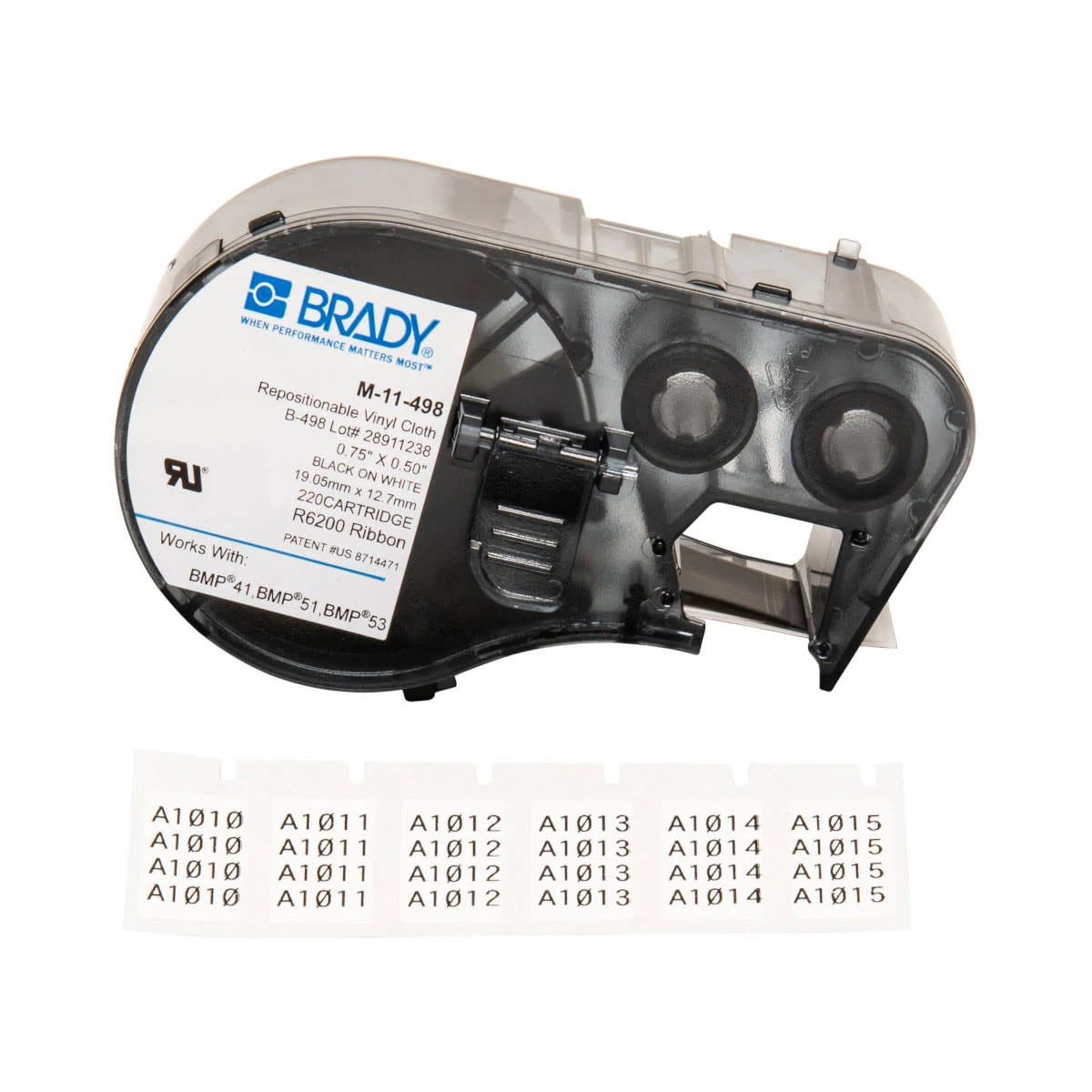 Brady Corporation M-11-498 | Label Maker Cartridge, Black/White, Dimension (Inches): 0.50 W x 0.75 H in