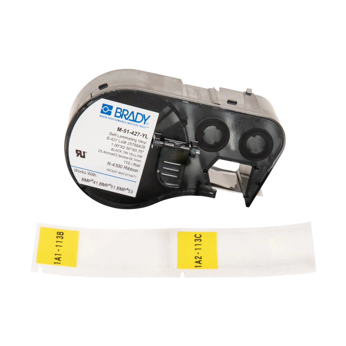 Brady Corporation M-51-427-YL | M Series Label Maker Cartridge, Black/Yellow, 2-1/2 in. L, 3/4 in. (Print)