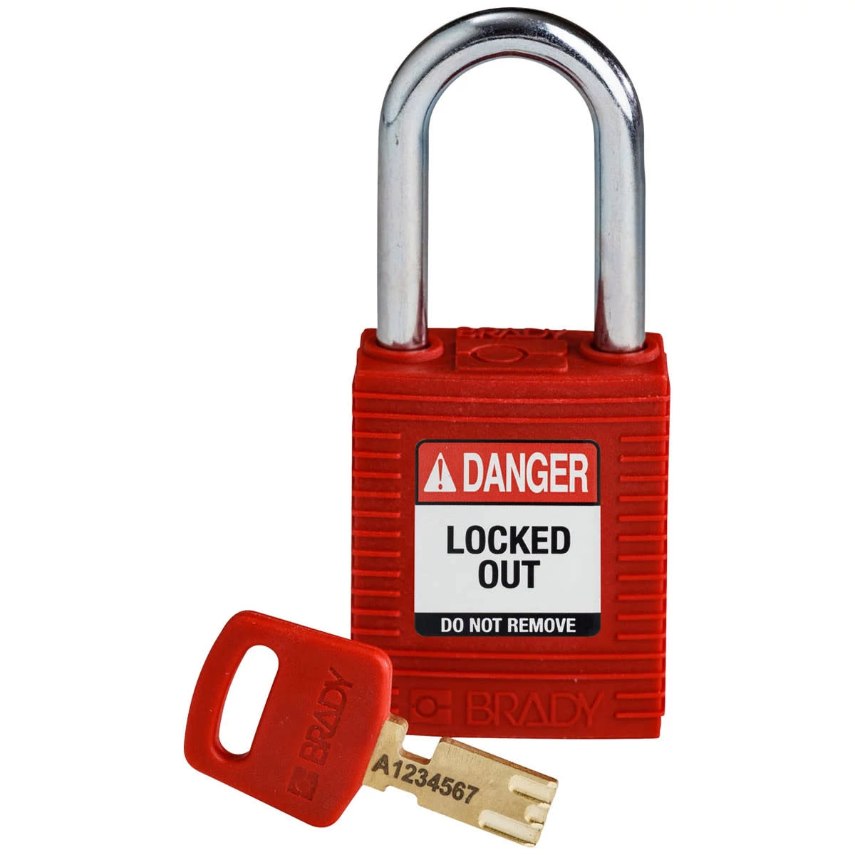Brady Corporation NYL-RED-38ST-KD | SafeKey Lockout Padlock Nylon Red 1.5 in. Steel Shackle, Keyed Different