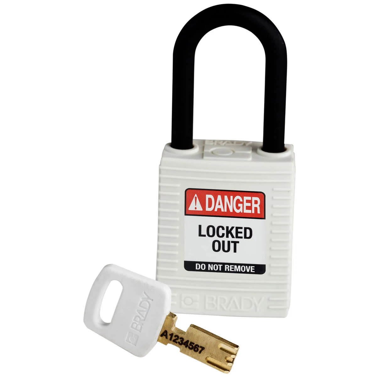 Brady Corporation NYL-WHT-38PL-KD | SafeKey Lockout Padlock Nylon White 1.5 in. Plastic Shackle, Keyed Different