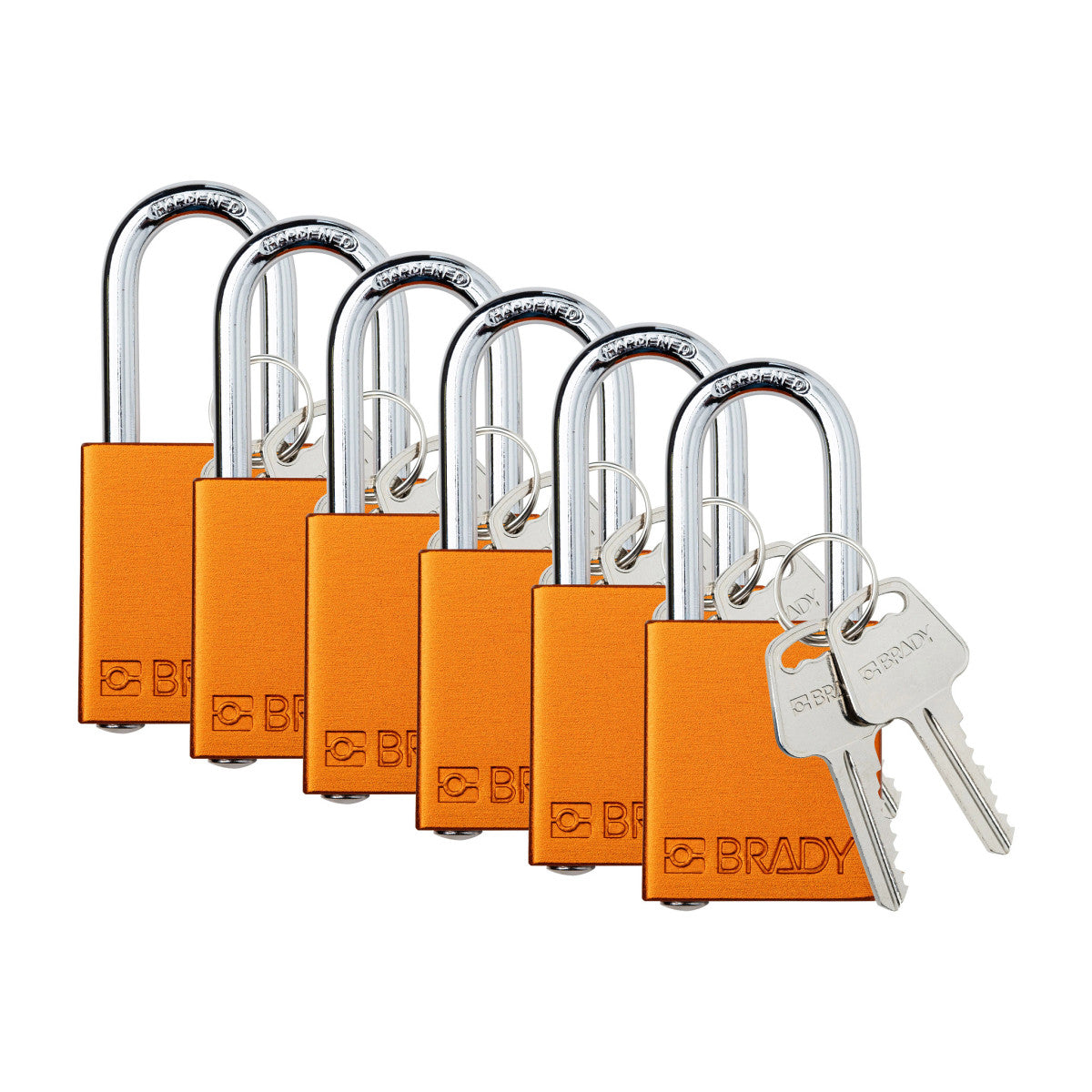 Brady Corporation SDAL-ORG-38ST-KD6 | Safety Lockout Padlock Aluminum 1.5 in Steel Shkl Orange Keyed Different 6/PK