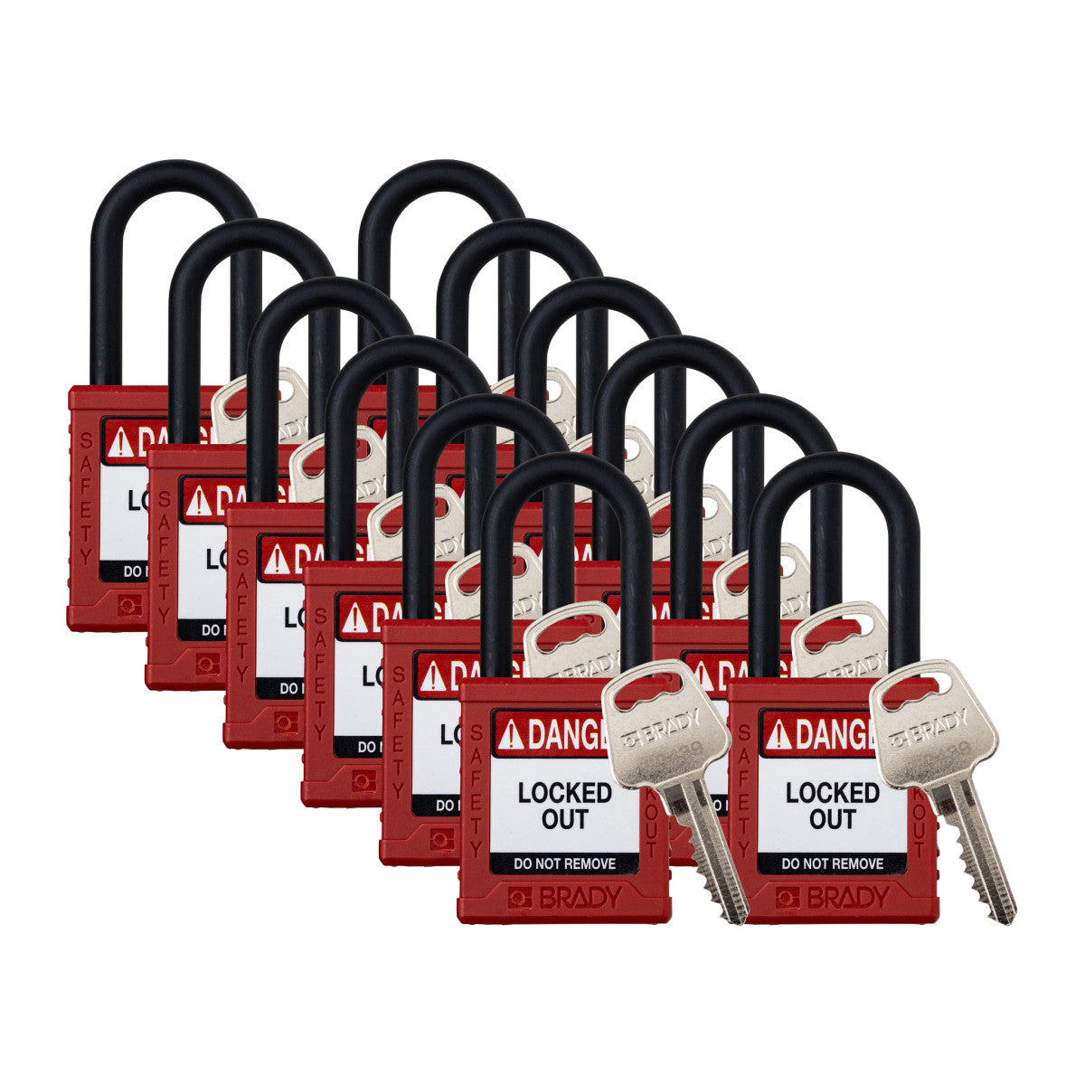 Brady Corporation SDPL-RED-38PL-KA12 | Safety Lockout Padlock Plastic 1.5 in Nylon Shackle Red Keyed Alike 12/PK