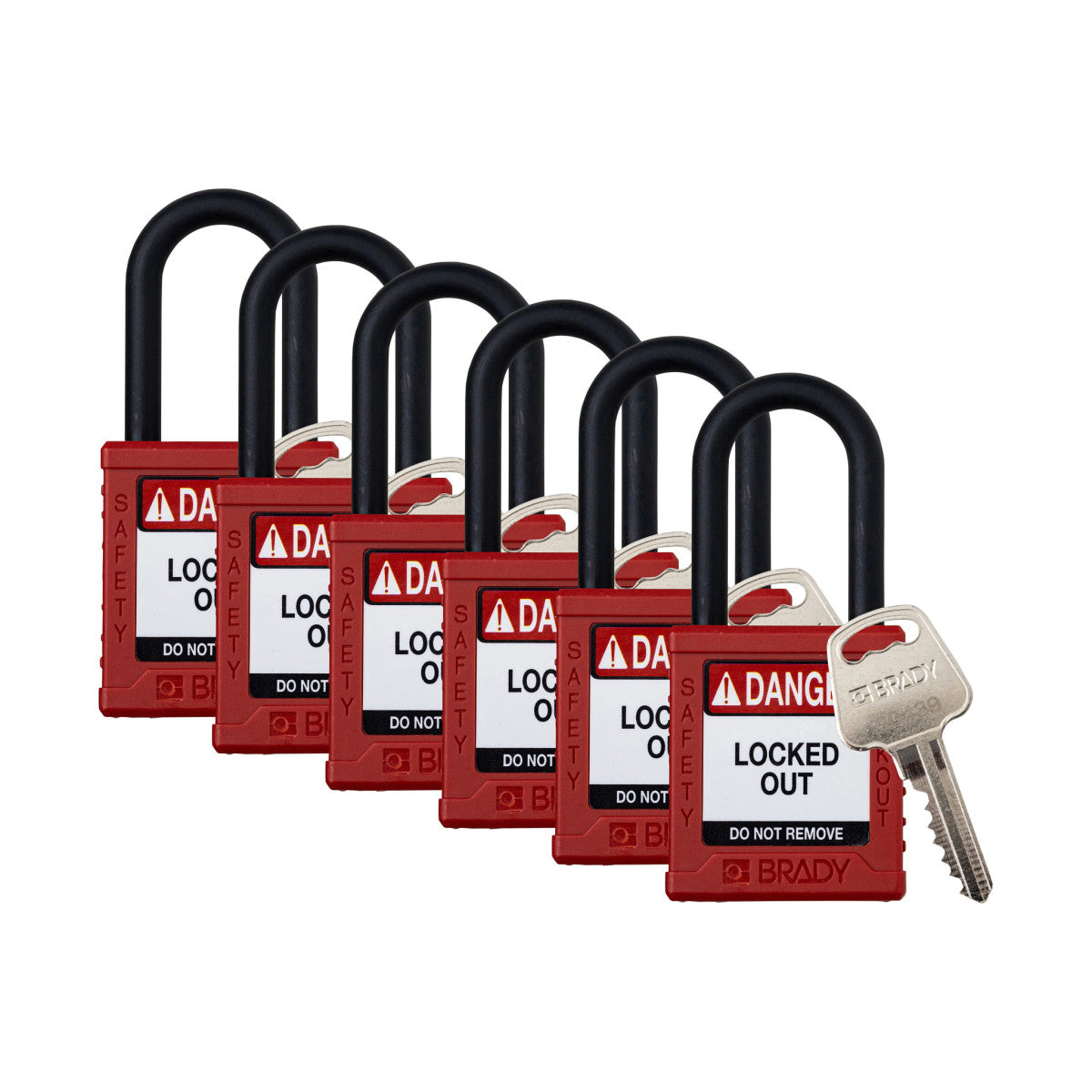 Brady Corporation SDPL-RED-38PL-KD6 | Safety Lockout Padlock Plastic 1.5 in Nylon Shackle Red Keyed Different 6/PK