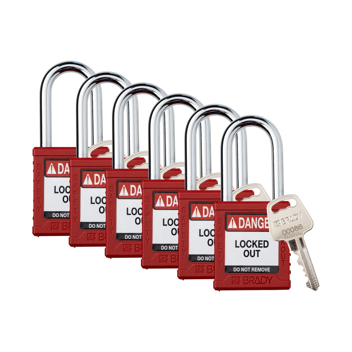 Brady Corporation SDPL-RED-38ST-KA6 | Safety Lockout Padlock Plastic 1.5 in Steel Shackle Red Keyed Alike 6/PK