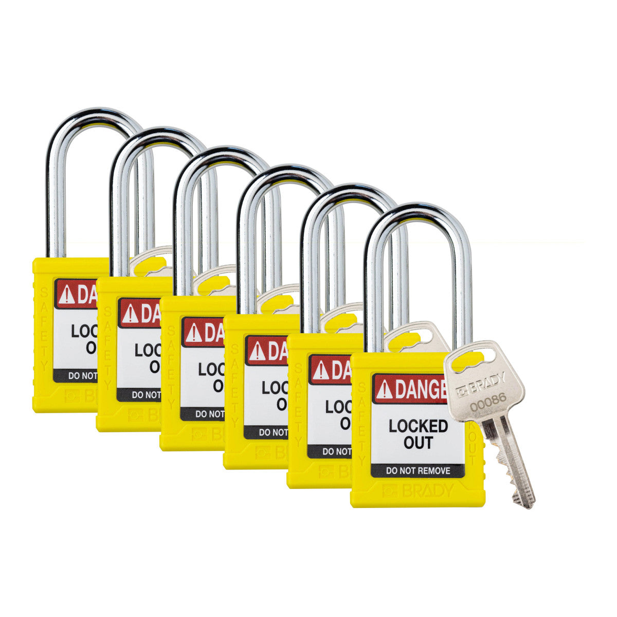 Brady Corporation SDPL-YLW-38ST-KA6 | Safety Lockout Padlock Plastic 1.5 in Steel Shackle Yellow Keyed Alike 6/PK