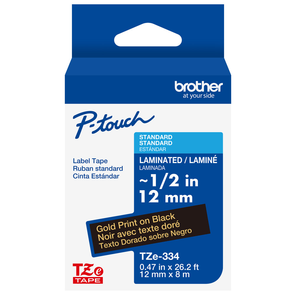 Brother Mobile Solutions TZE334 | Labelling Tape, Gold Print, Black, 12mm W x 8m L Tape