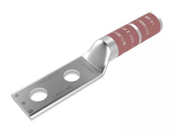 Burndy YA2C2NTC38 | Copper Compression Terminal, 2 AWG, 2-Hole, Long Barrel