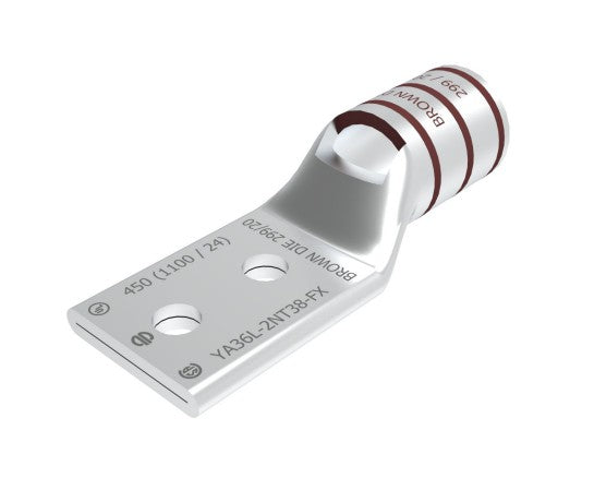 Burndy YA36L2NT38FX | Copper Compression Terminal, 2-Hole, 3/8 in. Stud, 1 in. Spacing, Narrow Tongue