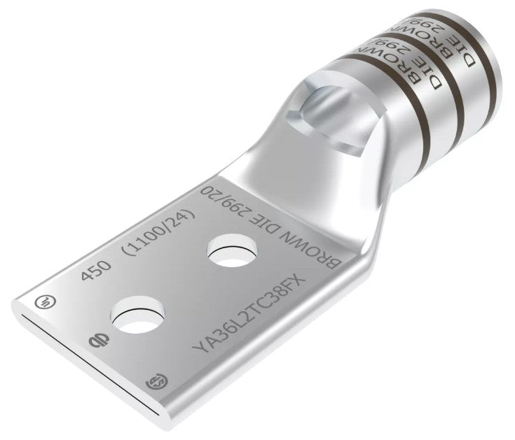 Burndy YA36L2TC38FX | Copper Compression Terminal, 500 kcmil G/H, 444 DLO, 2-Hole, 3/8 in. Stud, 1 in. Spacing