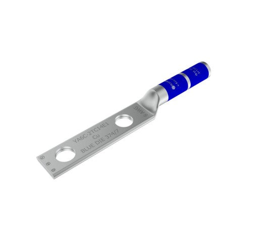 Burndy YA6C2TC14E1 | Copper Compression Terminal, 6 AWG, 2-Hole, 1/4 in. Stud, 1 in. Spacing, Long Barrel