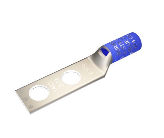 Burndy YA6CL2TC14 | Copper Compression Terminal, 6 AWG, 2-Hole, 1/4 in. Stud, 5/8 in. Spacing, Standard Barrel