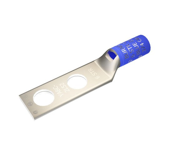 Burndy YA6CL2TC14E | Copper Compression Terminal, 6 AWG, 2-Hole, 1/4 in. Stud, 1/2 in. Spacing, Standard Barrel
