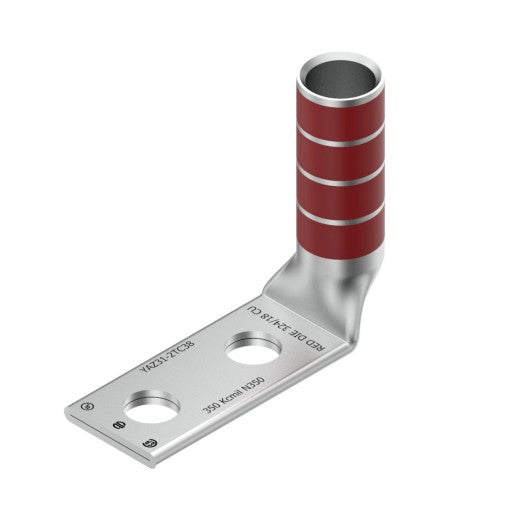 Burndy YAZ312TC3890 | Copper Compression Terminal, 350 kcmil, 2-Hole, 3/8 in. Stud, 1 in. Spacing, Long Barrel, 90°