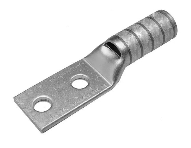 Burndy YAZV2C2TC14E1FX | Compression Terminal, 2 AWG Weld 125/24, 150/24, 2-Hole, 1/4 in. Stud, Long Barrel
