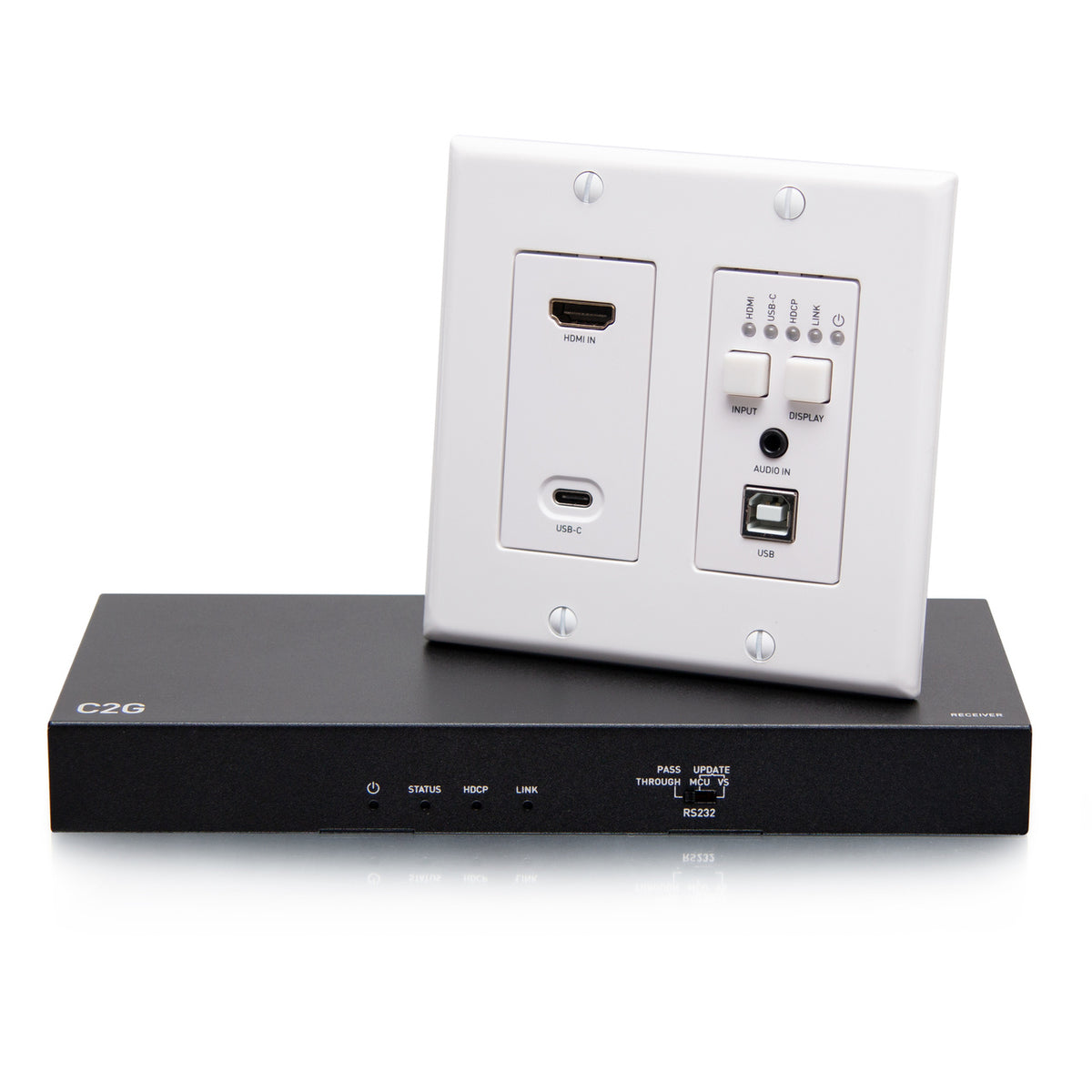 C2G C2G31011 | HDMI HDBaseT + USB-C, 3.5mm, and USB-B to A over Cat Extender Wall Plate Transmitter to Box Receiver - 4K 60Hz
