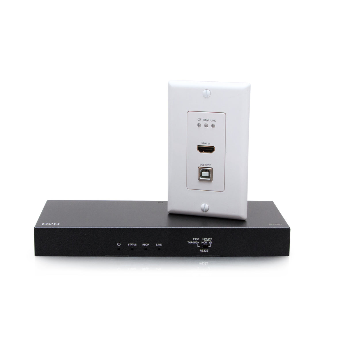C2G C2G31030 | HDMI HDBaseT + USB-B to A and RS232 Over Cat Extender Single Gang Wall Plate Transmitter to Box Receiver - 4K 60Hz (TAA Compliant)