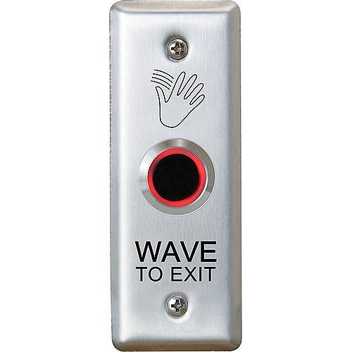 Camden Door Controls CM-221/46N | Camden Valuewave 12/24V Dc Powered Touchless Switch Relay, Narrow, Stainless-Steel Faceplate, With Light Ring, Wave To Exit Graphics