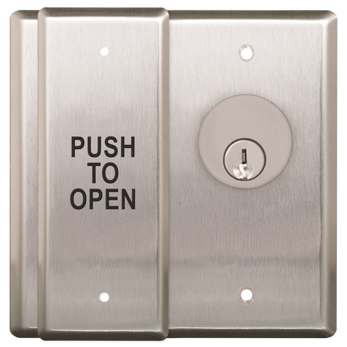 Camden Door Controls CM-2510/3 | Double Gang Push Plate/Key Switch, 'Push to Open', Black graphics