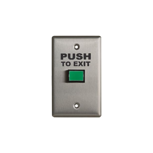 Camden Door Controls CM-300GPTE | Rectangular LED Illuminated Exit Switch, Green Button, 'PUSH TO EXIT' Faceplate Graphics