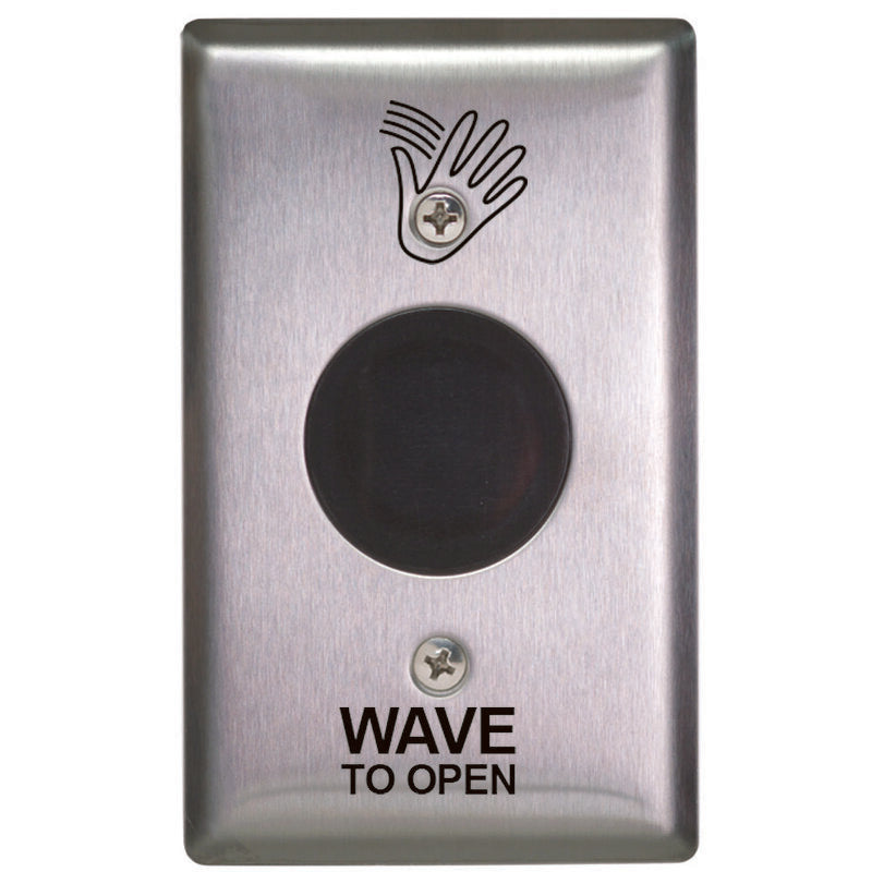 Camden Door Controls CM-324/41S | Wired Touchless Switch, Economical, 1 Relay, Stainless Steel Faceplate Hand Icon and 'Wave to Open' Text