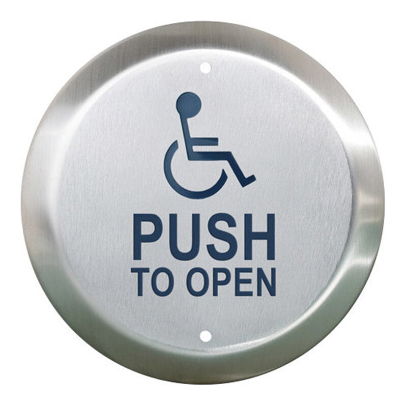 Camden Door Controls CM-40/4-WT | 4 1/2" Round Push Plate Switch with 'WHEELCHAIR' Symbol and 'PUSH TO OPEN' in Blue, Boot and Water Tight Coating