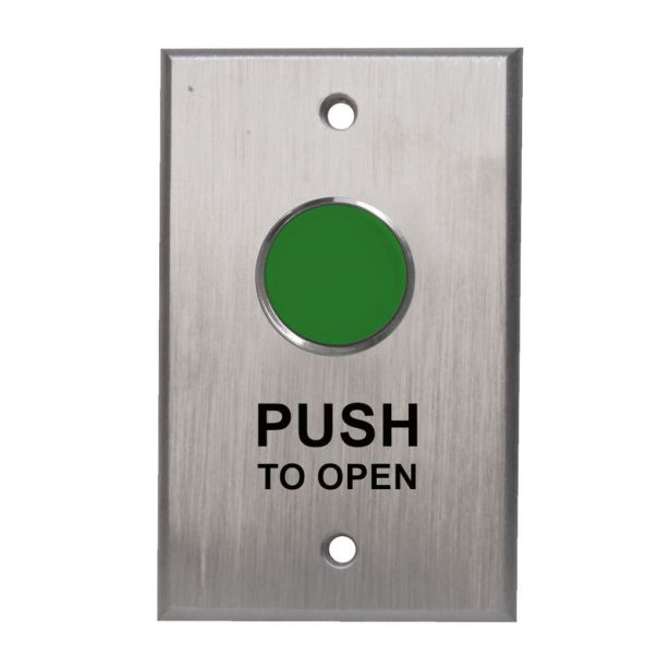 Camden Door Controls CM-7000G/3 | Single Gang Faceplate, Spring Return N/O, Momentary, Green Button, 'Push to Open', Black Graphics