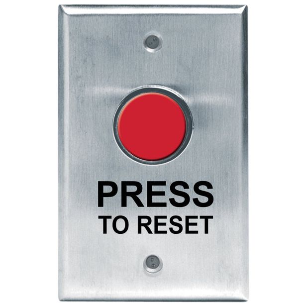 Camden Door Controls CM-8010/13 | Vandal Resistant 1" Red Push Button, Single Gang Aluminum, N/C Momentary w/ 'WC System Reset' Text