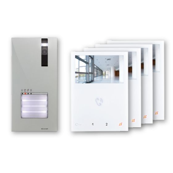 Comelit HFX-7004M | 4 Family 4x Preprogrammed Mini HF Wi-Fi Monitors (Apps), EX-DSME Door Station (4 Push Buttons), Power Supply (1209/4)