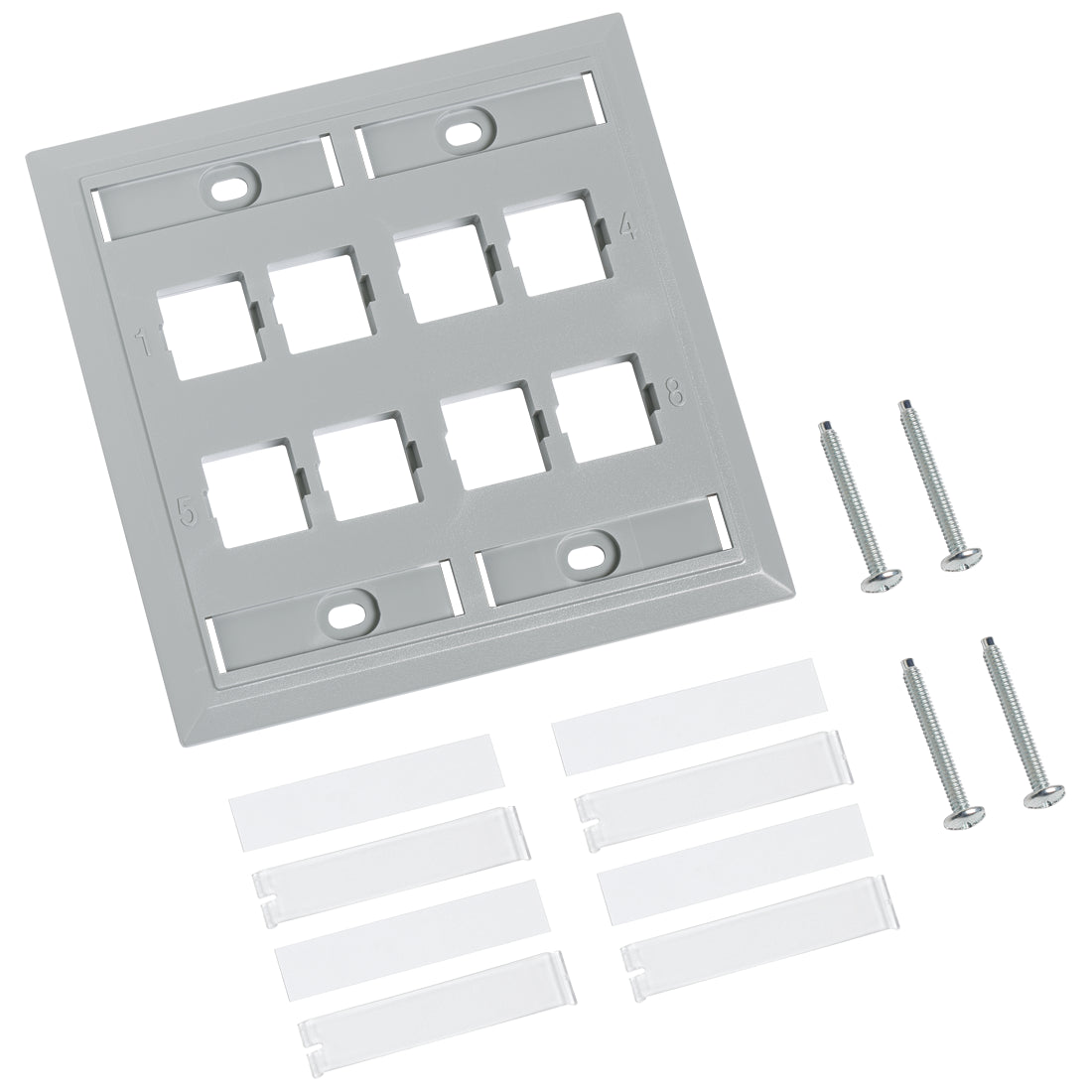 CommScope 108685033 | L Type Flush Mounted Double Gang Faceplate, eight port, gray