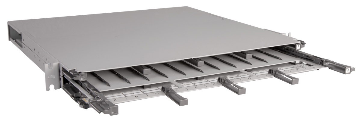 CommScope 760252002 | Propel 1RU sliding tray fiber panel, accepts Propel ULL modules or adapter packs, providing up to 72 duplex LC ports, 72 MPO ports or 144 SN ports (288f)