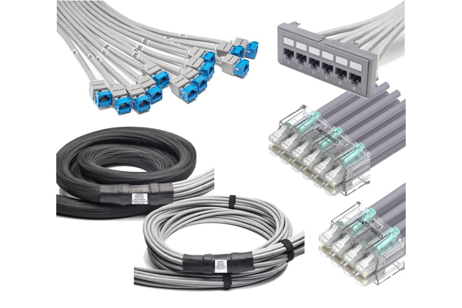 CommScope CHRRB11SA0ZF030 | Cat6 Blue Copper Cable 6 Links CMR W/1100 Series Mods Black Sleeving, 30 Ft
