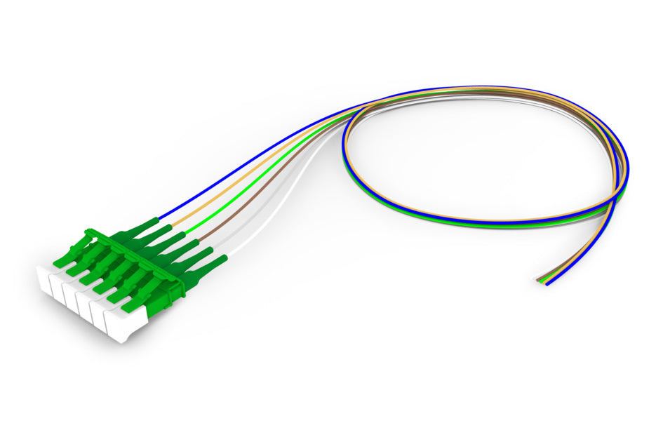 CommScope FAWLAUC0AXXM001 | Singlemode LC APC to Unconnectorized, 0.9mm Tight Buffer Fiber Pigtail, 6-Fiber Kit, Blue White (1-6)