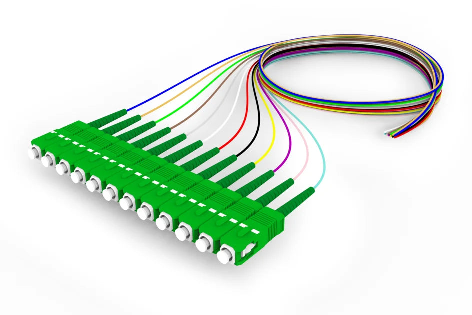 CommScope FAWSAUC0CXXF003 | Singlemode SC APC to Unconnectorized, 0.9mm Tight Buffer Fiber Pigtail, 12-Fiber Kit, Blue Aqua (1-12)