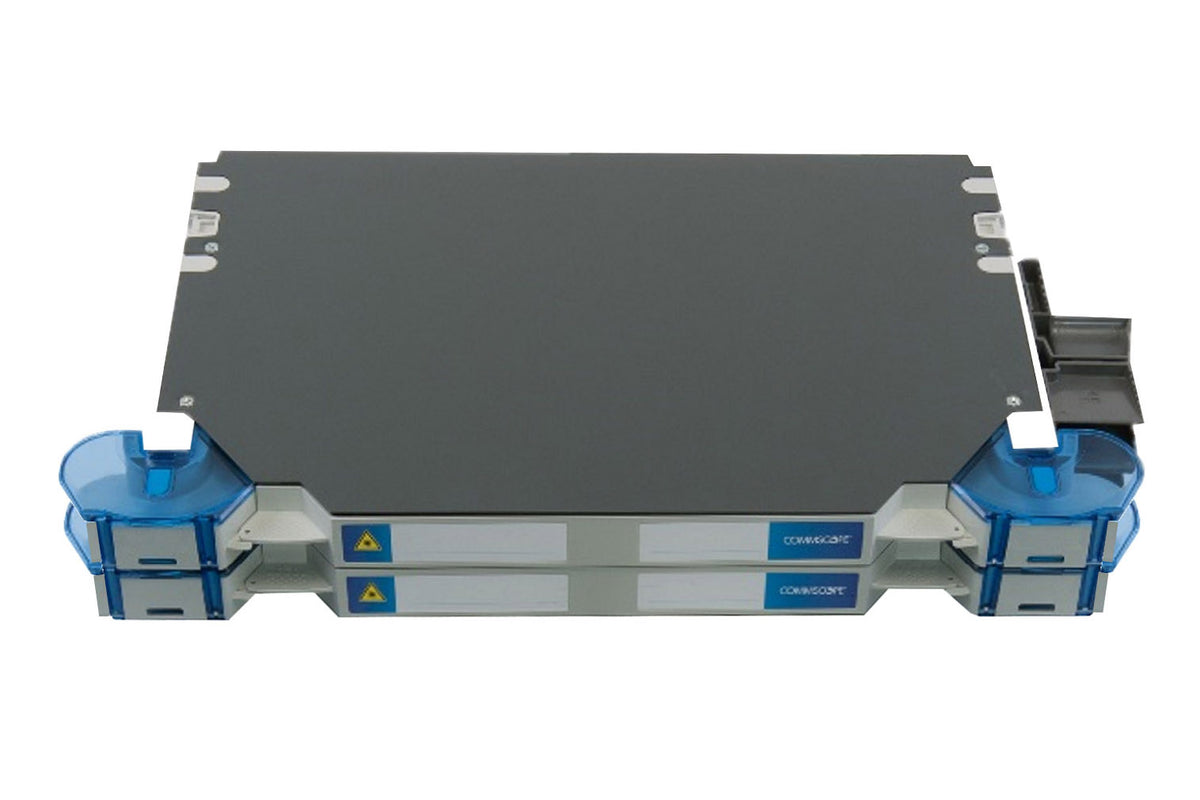 CommScope 760239983 | FACT Fiber Optic Patch Panel, gray, 2E high, 96-port, singlemode, holding 4 hinged trays loaded with LC/APC adapters