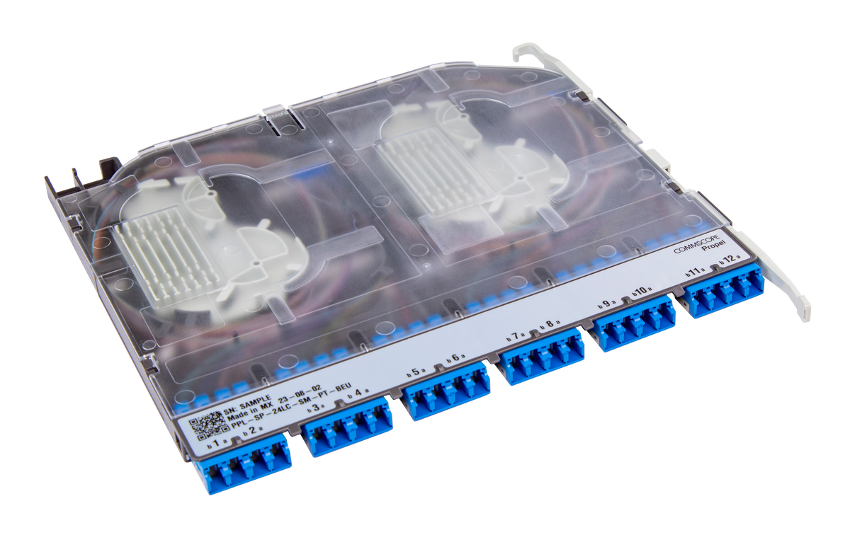 CommScope 760255054 | Propel Multimode Splice Cassette, 24LC with internal shutters, OM4 single fiber pigtails, Method B Enhanced ULL