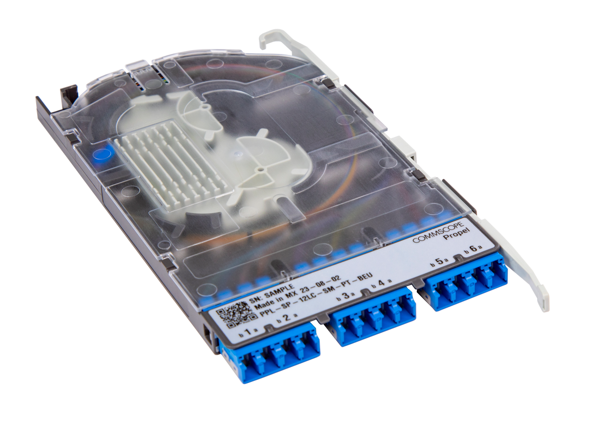 CommScope 760255076 | Propel Singlemode Splice Cassette, 12LC/UPC with internal shutters, 250 µm OS2 single fiber pigtails, pairs straight ULL
