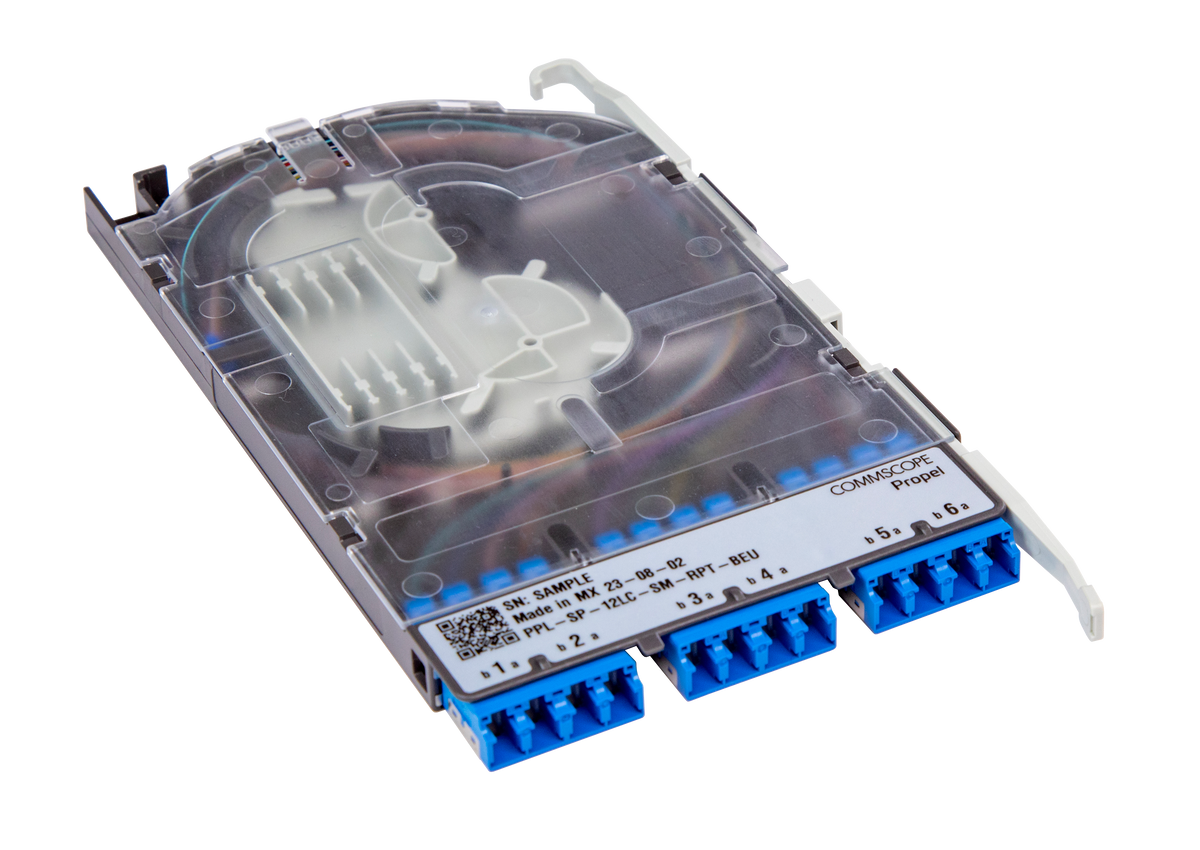 CommScope 760255079 | Propel Singlemode Splice Cassette, 12LC/UPC with internal shutters, OS2 ribbon fiber pigtail, pairs straight ULL