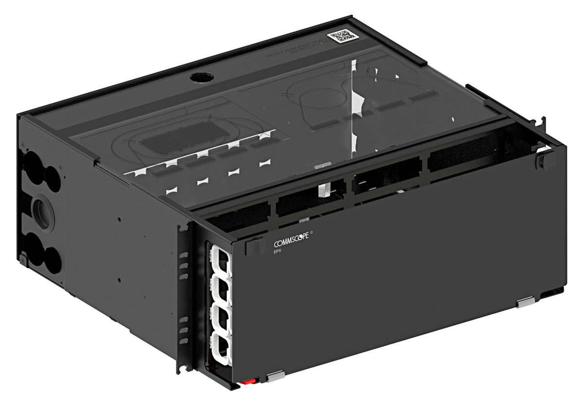 Commscope EPX-4U-MOD-ENC | EPX 4U sliding panel, accepts (16) G2 style splice cassettes, modules or adapter packs, providing up to 192 duplex LC ports