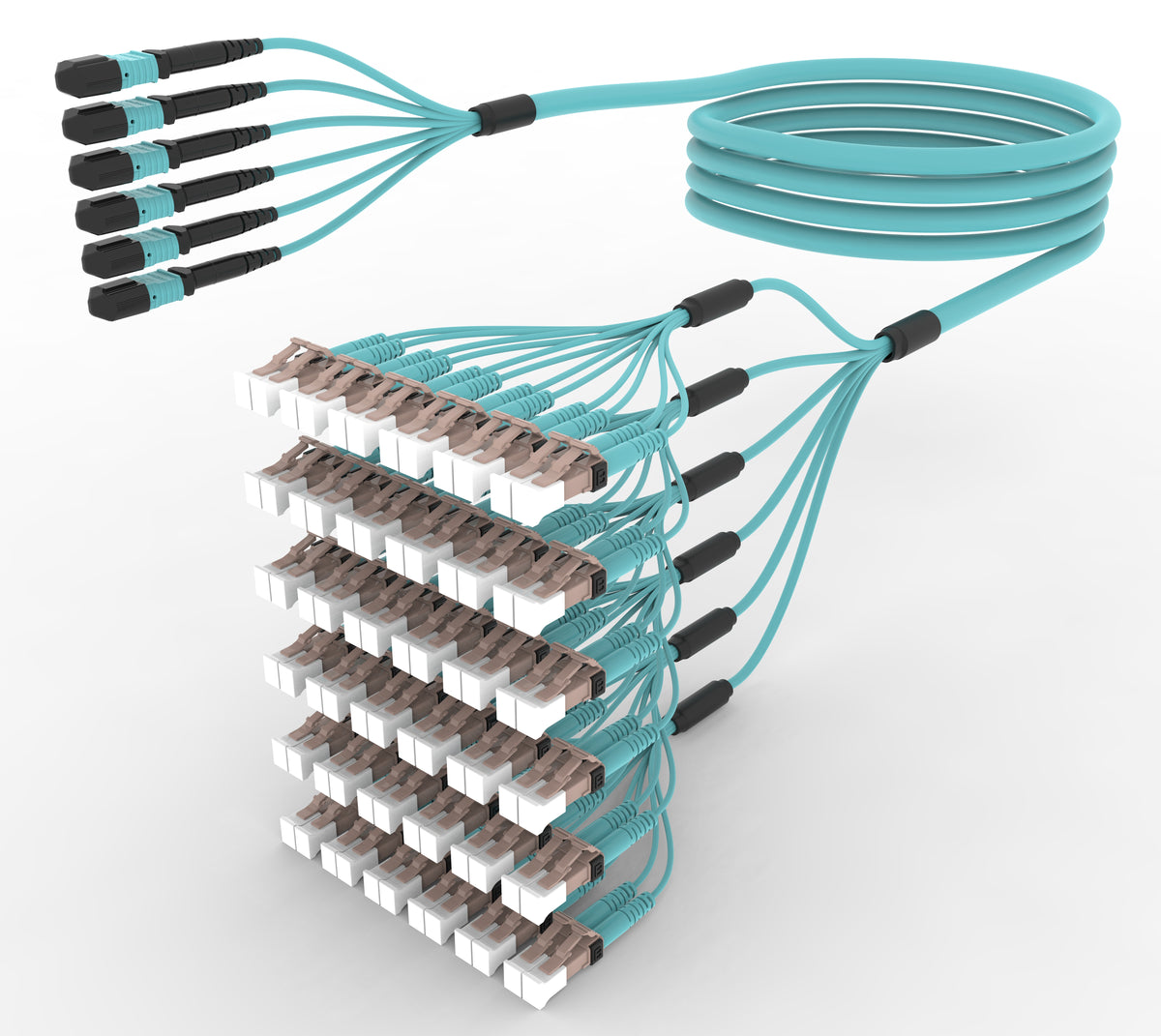 Commscope FLXMPLCAKMJF100 | 48 inch breakout (end A/end B), with gland, no pulling grip | Jacket Color - Aqua | Cord Length - 100 Ft