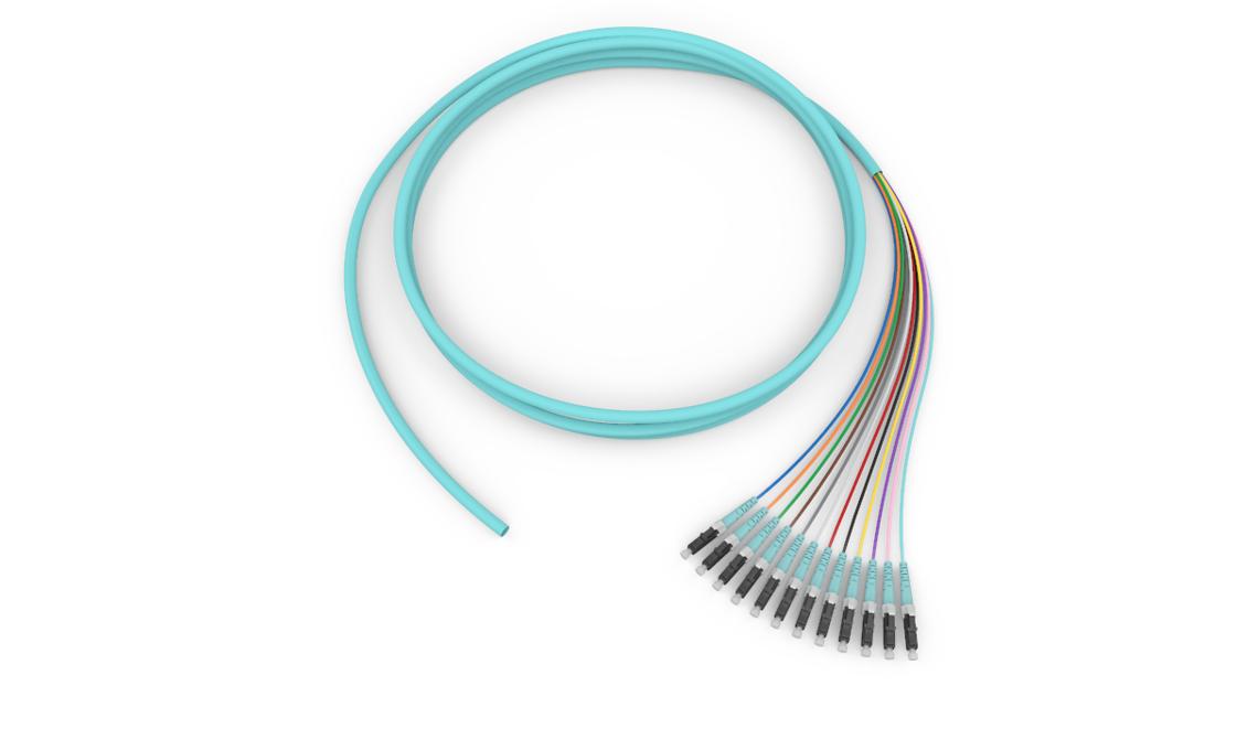 Corning 000312Q81NF003M | Standard Pigtail / Standard LC Simplex MM, OM4 50um, 12F, MIC Riser, Standard Aqua Jacket 3 Meters