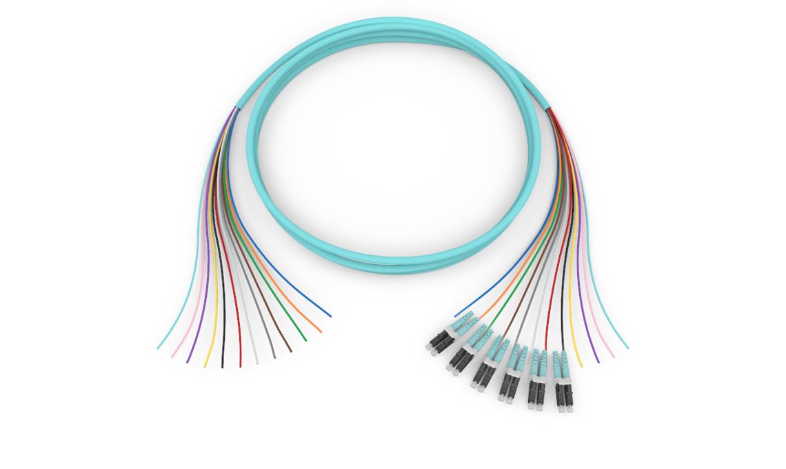 Corning 000512T81NF002M | Standard Pigtail / Standard LC Duplex MM, OM3 50um, 12F, MIC Riser, Standard Aqua Jacket 2 Meters
