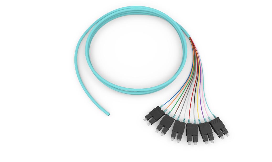 Corning 005712T81NF005M | Standard Pigtail / Standard SC Duplex MM, OM3 50um, 12F, MIC Riser, Standard Aqua Jacket 5 Meters